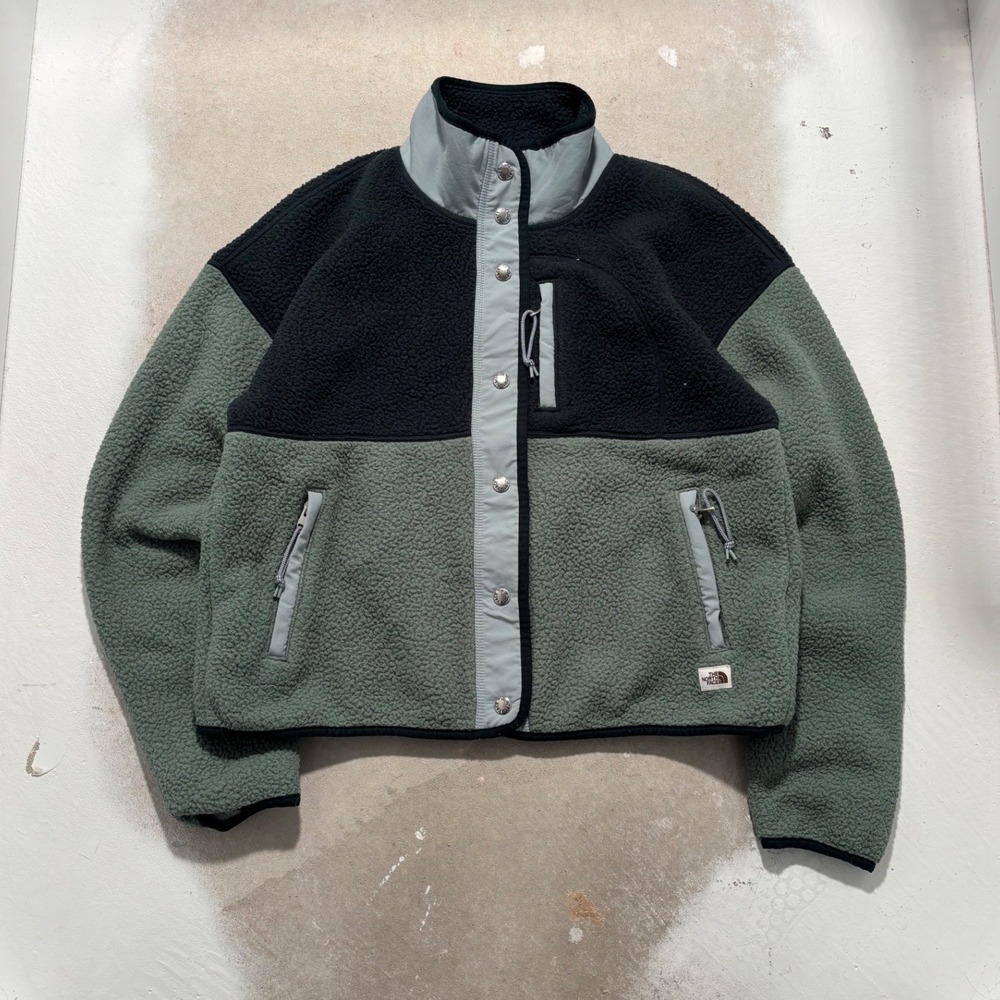 The North Face Womens Royal Arch Snap Sherpa Fleece Jacket Green Black Small